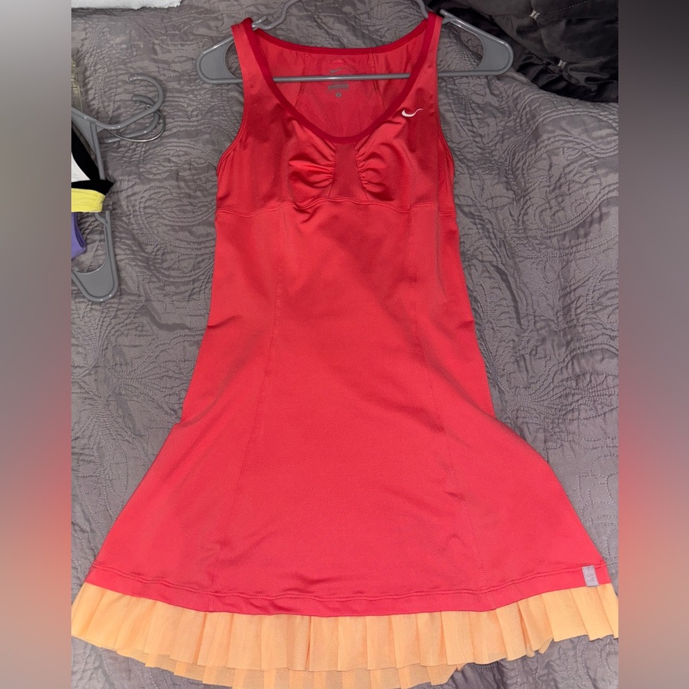 Red with peach fringe tennis dress, Nike